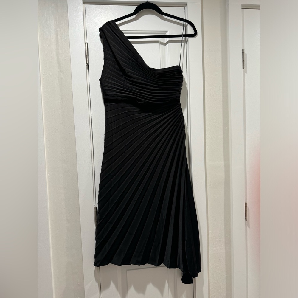 One shoulder black satin knee length dress